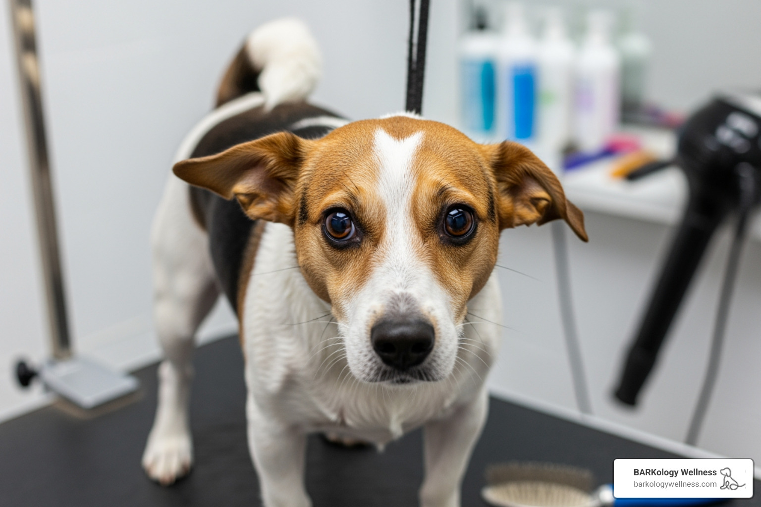 Dog showing subtle stress signs like a tucked tail and wide eyes - stress free dog grooming Dog showing subtle stress signs like a tucked tail and wide eyes - stress free dog grooming