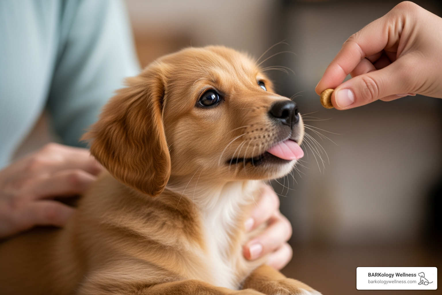 Puppy being gently handled and rewarded with a treat - stress free dog grooming Puppy being gently handled and rewarded with a treat - stress free dog grooming