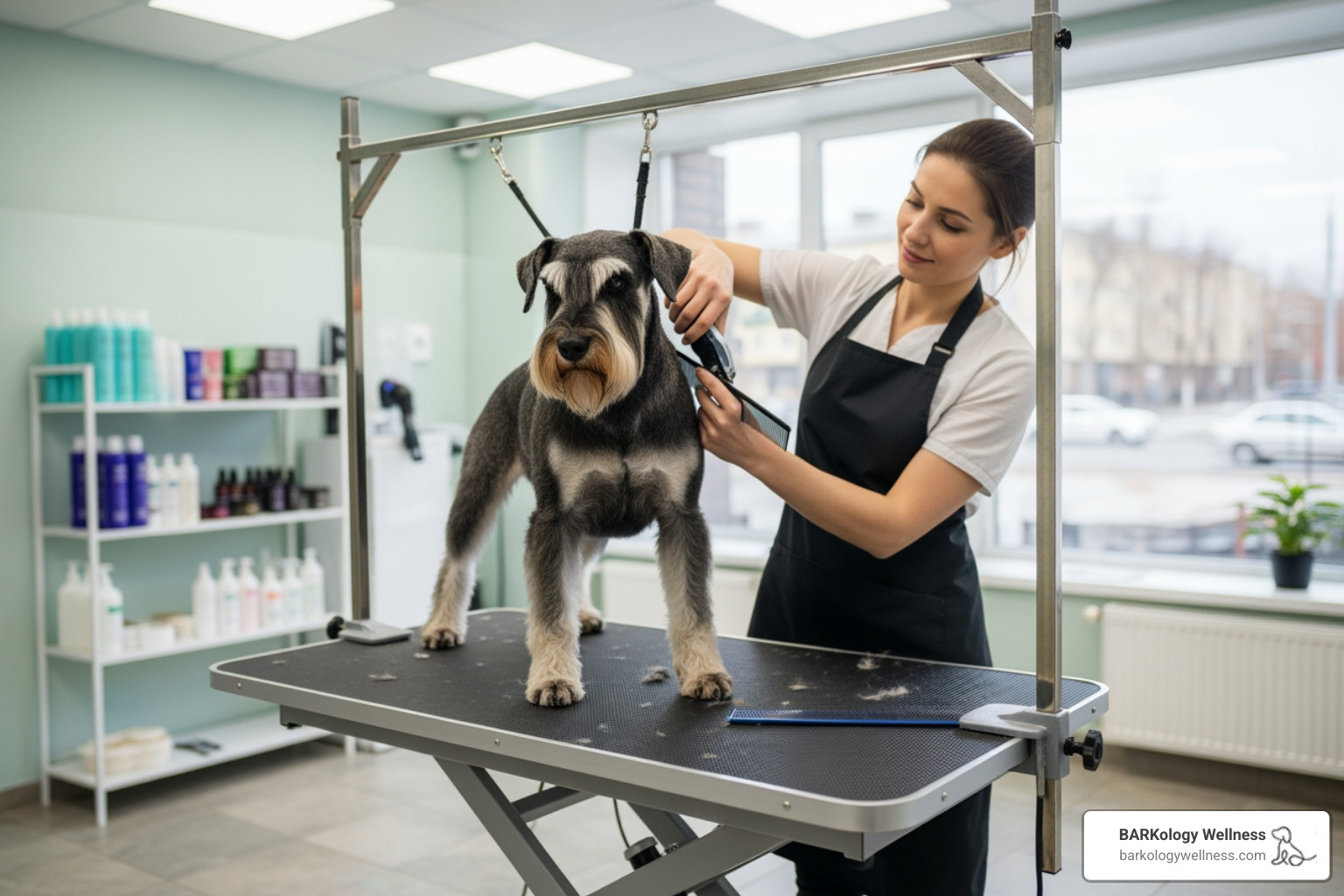 A professional groomer at BARKology Wellness gently trimming the coat of a contented Standard Schnauzer on an elevated grooming table. - Hypoallergenic dog grooming A professional groomer at BARKology Wellness gently trimming the coat of a contented Standard Schnauzer on an elevated grooming table. - Hypoallergenic dog grooming