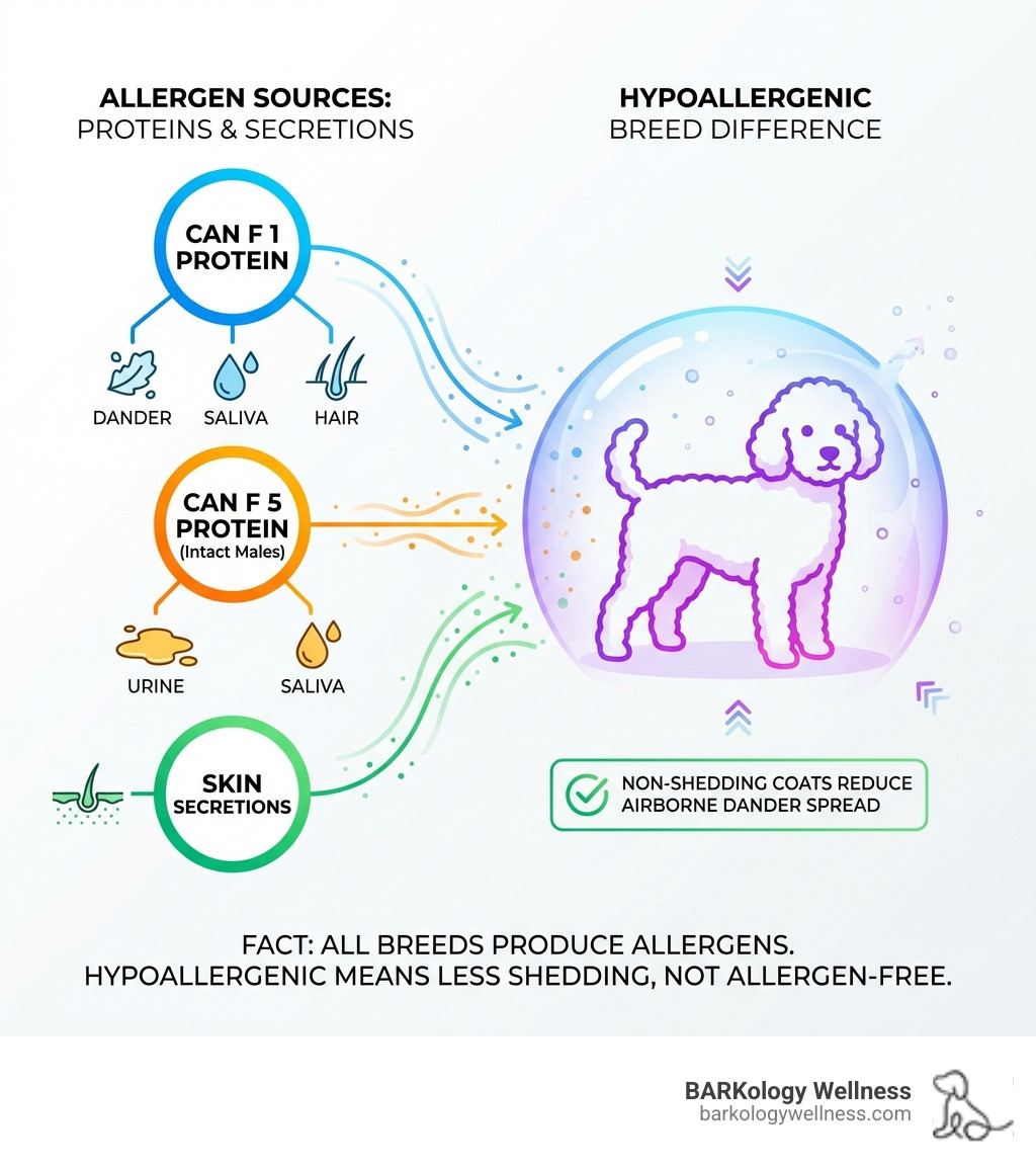 Infographic showing that dog allergens come from multiple sources: Can f 1 protein in dander, saliva, and hair; Can f 5 protein in urine and saliva from intact males; and skin secretions. All hypoallergenic breeds still produce these allergens, but non-shedding coats reduce airborne dander spread. - Hypoallergenic dog grooming infographic Infographic showing that dog allergens come from multiple sources: Can f 1 protein in dander, saliva, and hair; Can f 5 protein in urine and saliva from intact males; and skin secretions. All hypoallergenic breeds still produce these allergens, but non-shedding coats reduce airborne dander spread. - Hypoallergenic dog grooming infographic