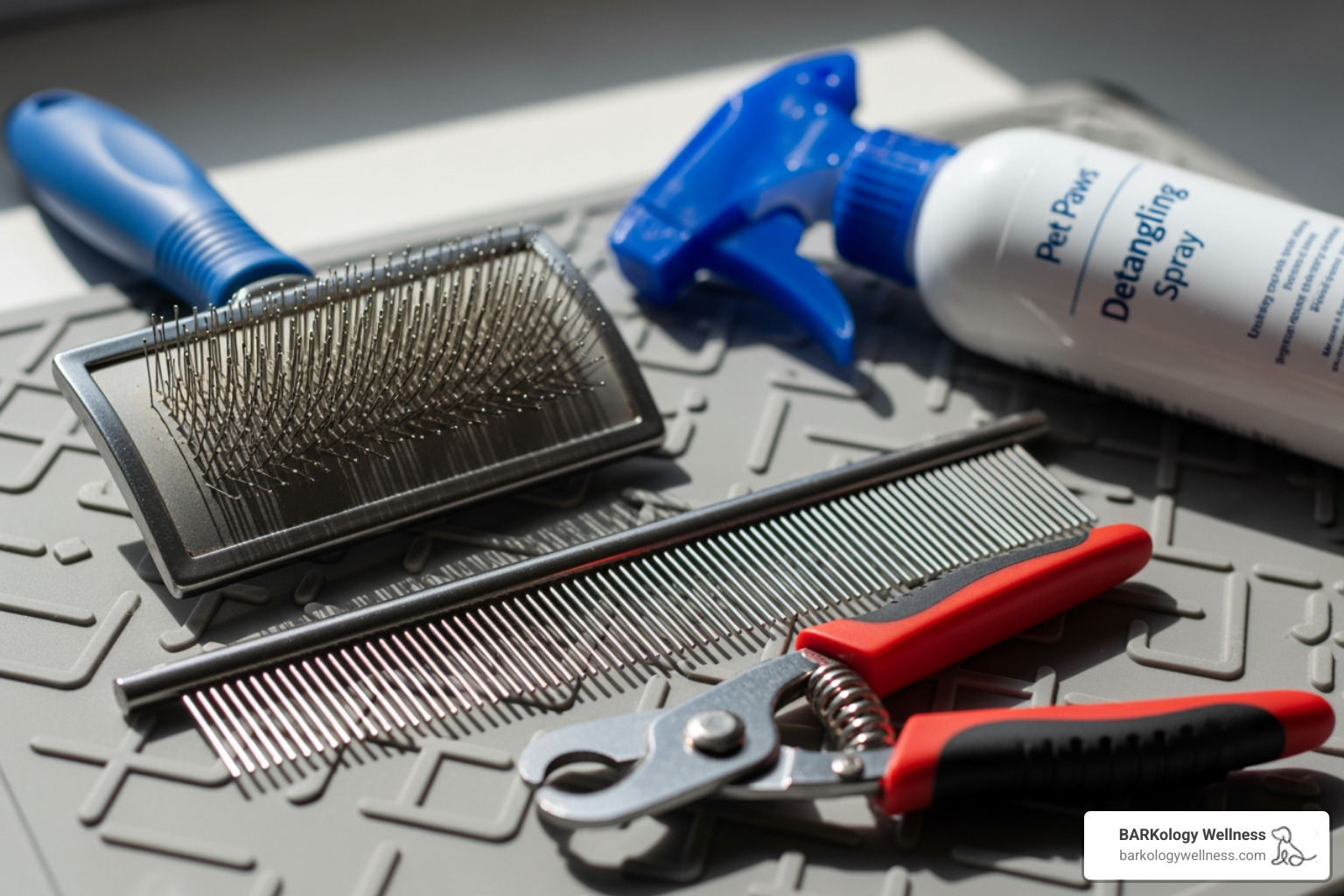 Essential grooming tools for hypoallergenic dogs, including a slicker brush, steel comb, detangler spray, and nail clippers, neatly arranged on a grooming mat. - Hypoallergenic dog grooming Essential grooming tools for hypoallergenic dogs, including a slicker brush, steel comb, detangler spray, and nail clippers, neatly arranged on a grooming mat. - Hypoallergenic dog grooming