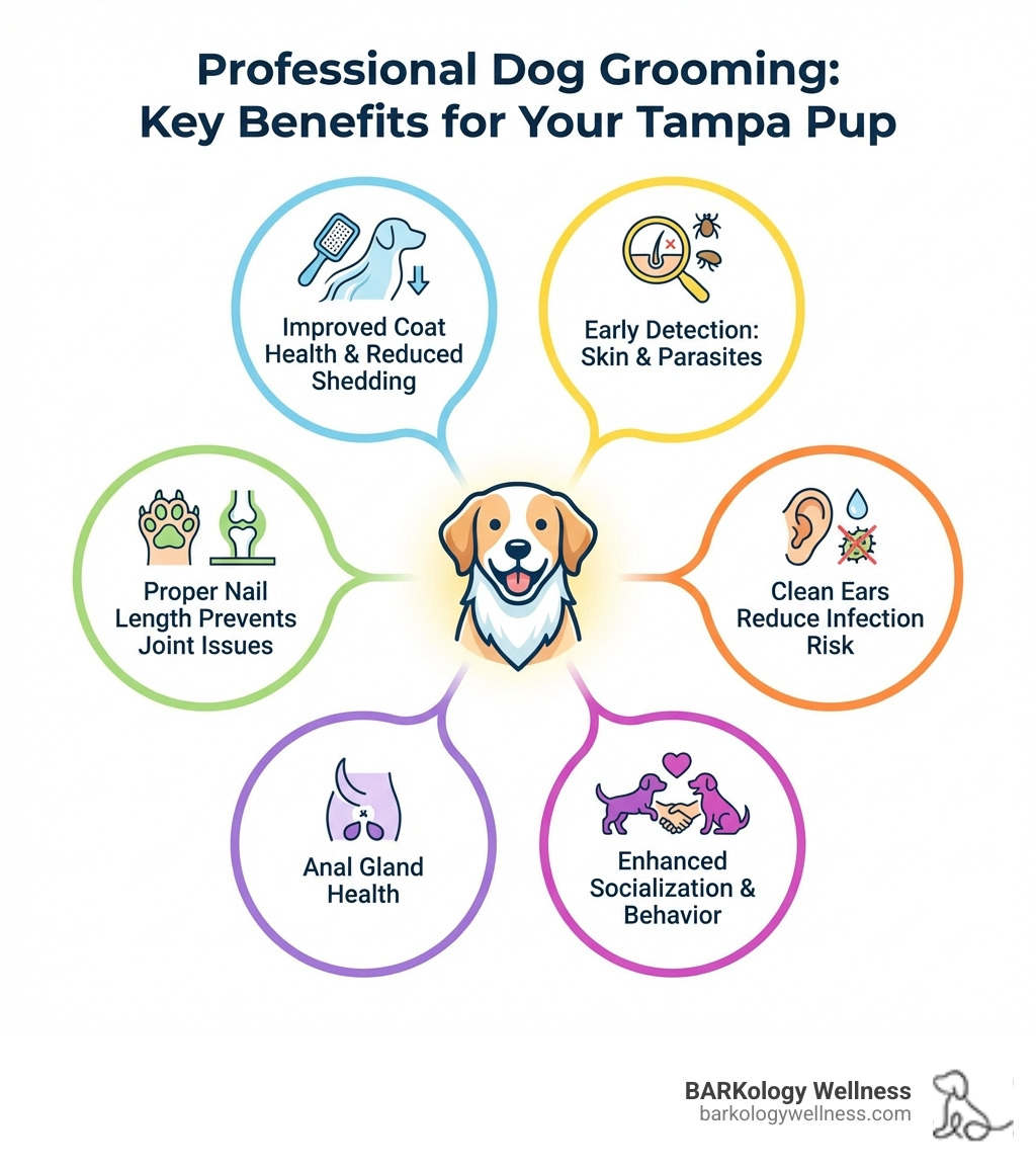 Infographic showing the key benefits of professional dog grooming: improved coat health and reduced shedding, early detection of skin conditions and parasites, proper nail length preventing joint issues, clean ears reducing infection risk, anal gland health, and enhanced socialization and behavior - dog grooming services Tampa infographic Infographic showing the key benefits of professional dog grooming: improved coat health and reduced shedding, early detection of skin conditions and parasites, proper nail length preventing joint issues, clean ears reducing infection risk, anal gland health, and enhanced socialization and behavior - dog grooming services Tampa infographic
