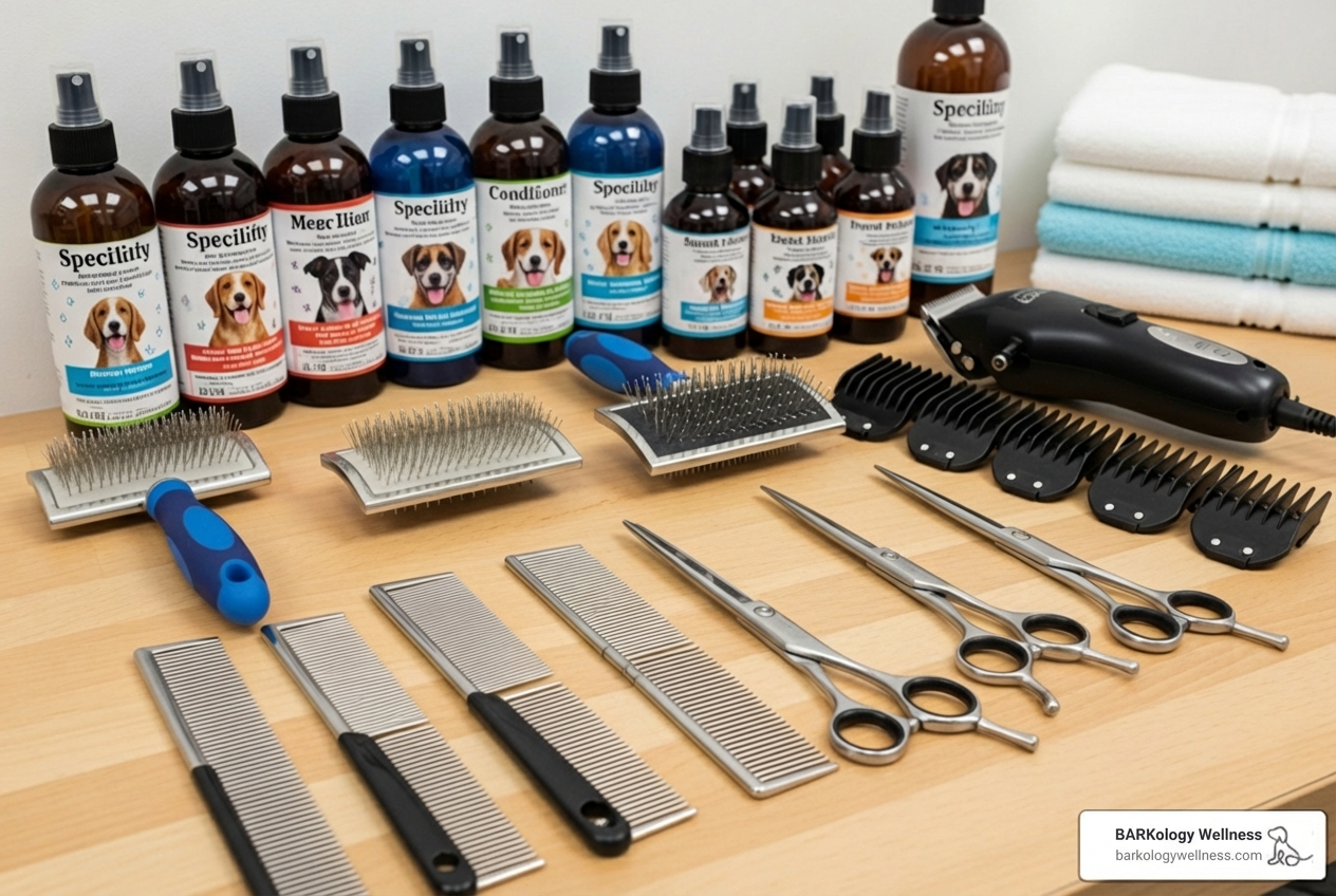 A groomer's toolkit with brushes, clippers, and specialty shampoos - dog grooming services Tampa A groomer's toolkit with brushes, clippers, and specialty shampoos - dog grooming services Tampa