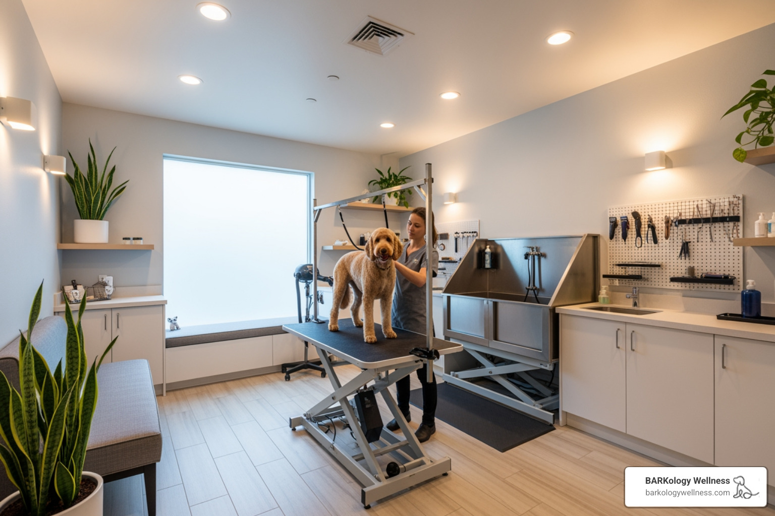 A serene, modern grooming suite at BARKology Wellness - dog grooming services Tampa A serene, modern grooming suite at BARKology Wellness - dog grooming services Tampa