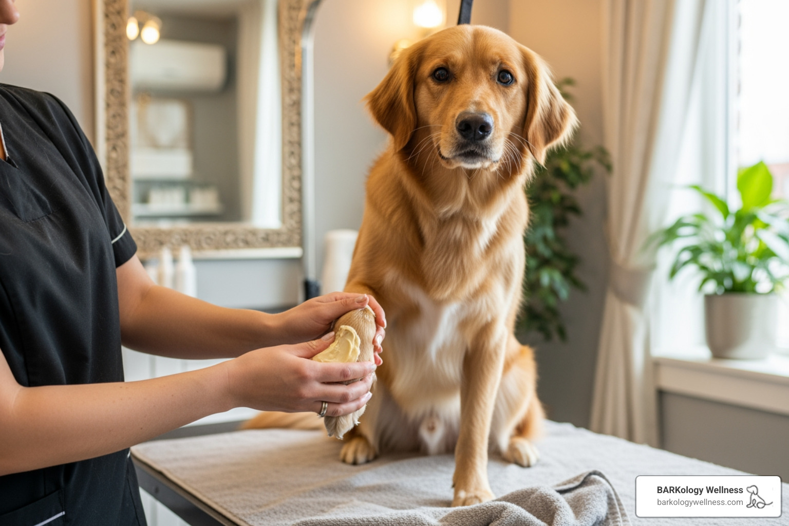 A dog receiving a relaxing paw balm massage as part of a luxury grooming session - luxury dog grooming A dog receiving a relaxing paw balm massage as part of a luxury grooming session - luxury dog grooming