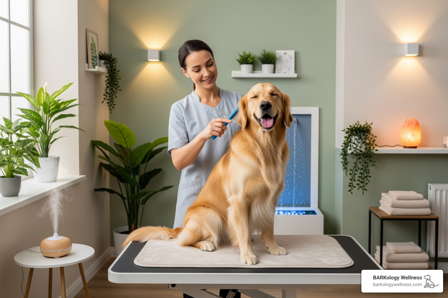 A happy dog being pampered by a groomer in a serene spa setting - luxury dog grooming A happy dog being pampered by a groomer in a serene spa setting - luxury dog grooming