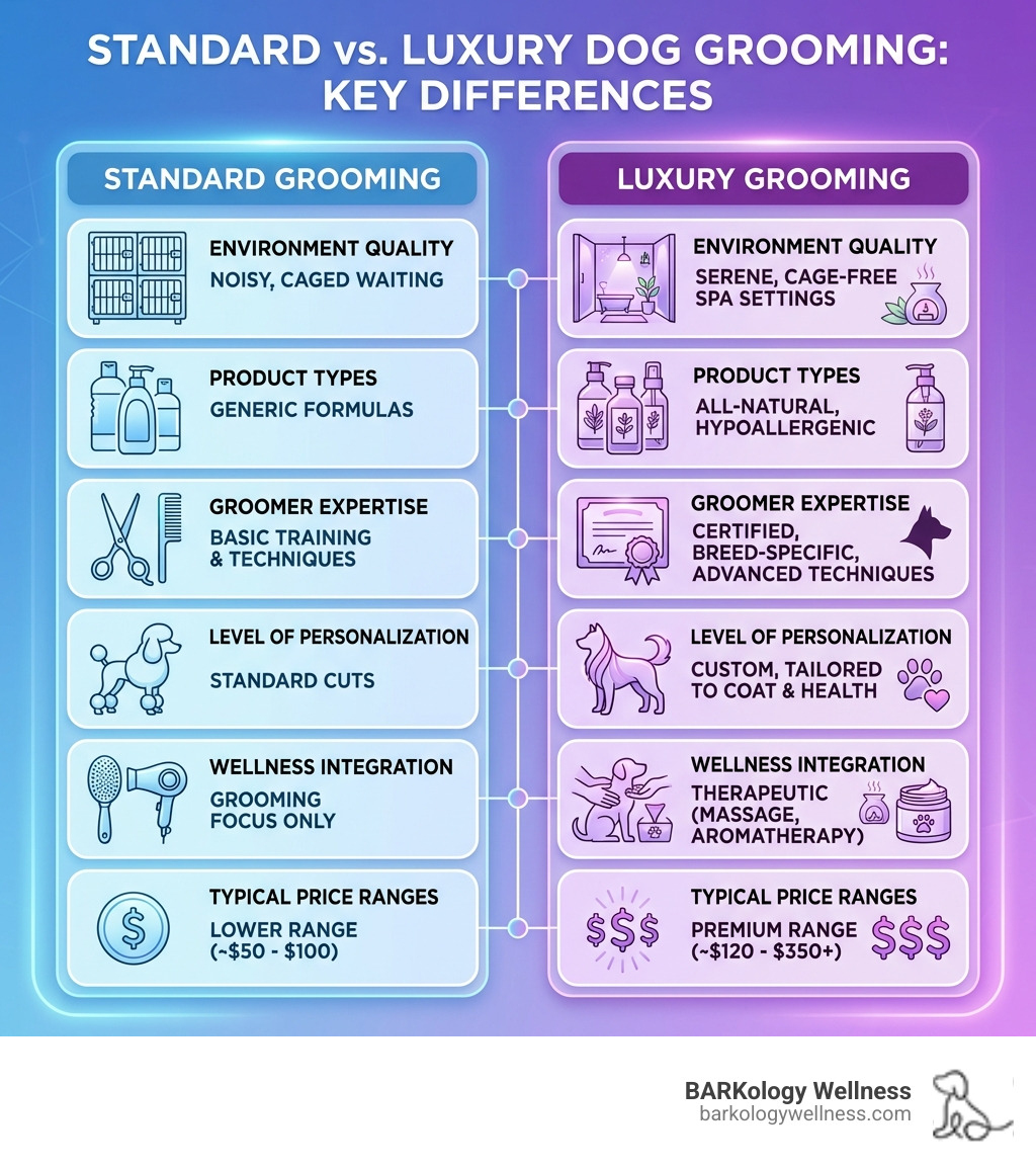 infographic showing the key differences between standard and luxury dog grooming including environment quality, product types, groomer expertise, level of personalization, wellness integration, and typical price ranges - luxury dog grooming infographic infographic showing the key differences between standard and luxury dog grooming including environment quality, product types, groomer expertise, level of personalization, wellness integration, and typical price ranges - luxury dog grooming infographic