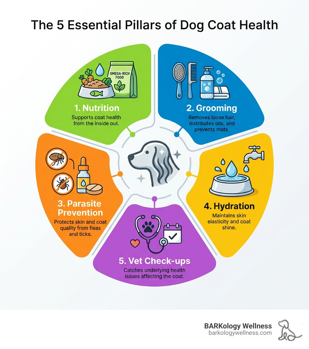 infographic showing the 5 pillars of dog coat health: 1. Nutrition (bowl with omega-rich food and water), 2. Grooming (brushes and bathing supplies), 3. Parasite Prevention (flea/tick medication), 4. Hydration (water bowl), 5. Vet Check-ups (stethoscope icon). Each pillar has a brief description of its role in maintaining a healthy, shiny coat - dog coat care infographic infographic showing the 5 pillars of dog coat health: 1. Nutrition (bowl with omega-rich food and water), 2. Grooming (brushes and bathing supplies), 3. Parasite Prevention (flea/tick medication), 4. Hydration (water bowl), 5. Vet Check-ups (stethoscope icon). Each pillar has a brief description of its role in maintaining a healthy, shiny coat - dog coat care infographic
