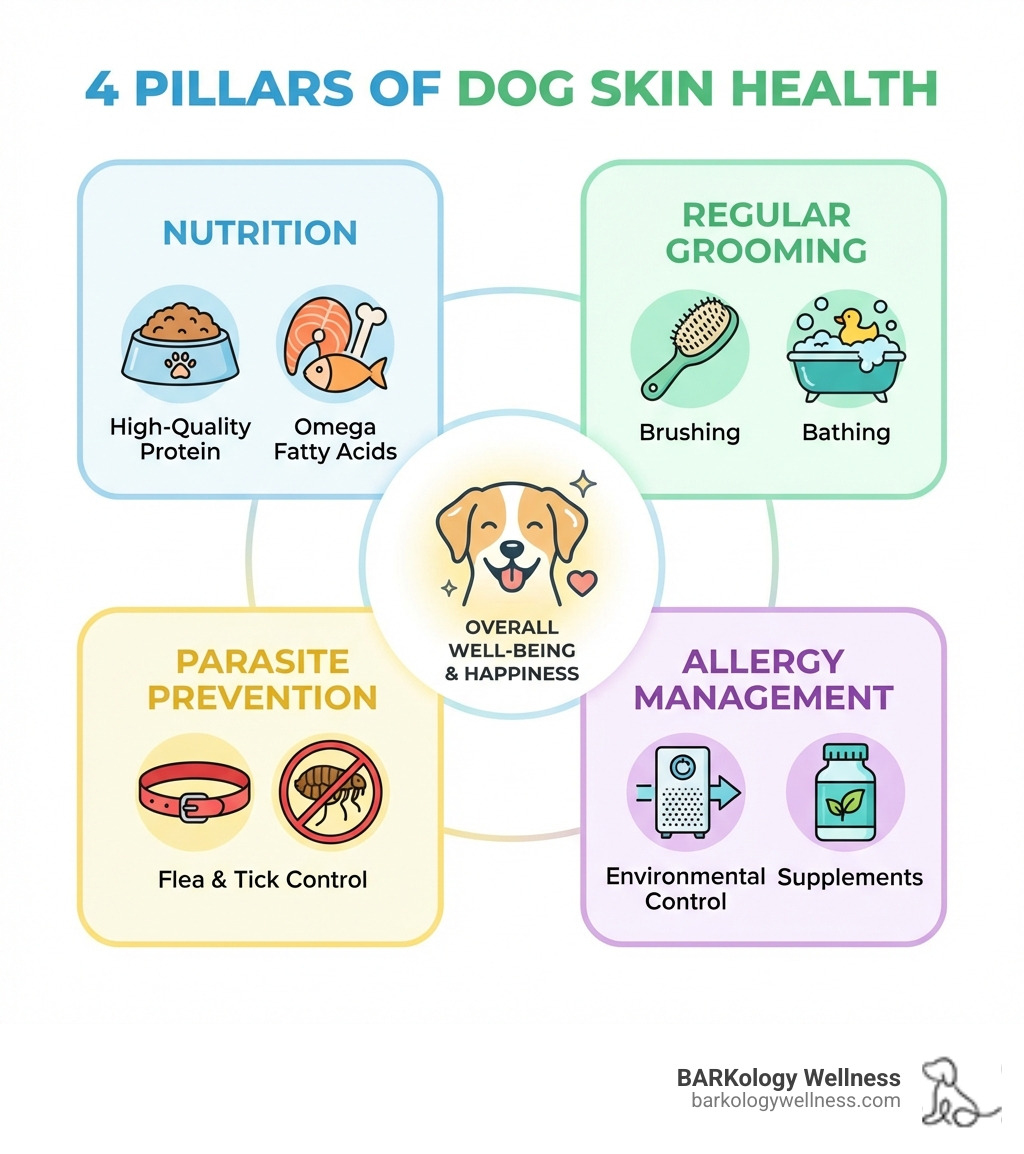 infographic showing four pillars of dog skin health: nutrition with high-quality protein and omega fatty acids, regular grooming including brushing and bathing, parasite prevention with flea and tick control, and allergy management through environmental control and supplements - Dog skin care infographic 