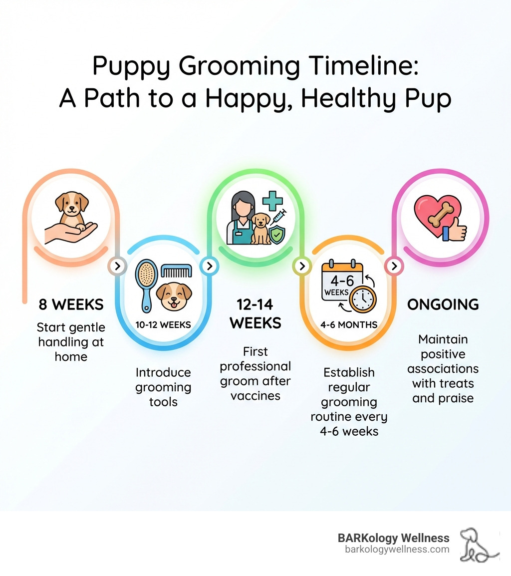 Infographic showing puppy grooming timeline: 8 weeks - start gentle handling at home; 10-12 weeks - introduce grooming tools; 12-14 weeks - first professional groom after vaccines; 4-6 months - establish regular grooming routine every 4-6 weeks; ongoing - maintain positive associations with treats and praise - Puppy first groom infographic Infographic showing puppy grooming timeline: 8 weeks - start gentle handling at home; 10-12 weeks - introduce grooming tools; 12-14 weeks - first professional groom after vaccines; 4-6 months - establish regular grooming routine every 4-6 weeks; ongoing - maintain positive associations with treats and praise - Puppy first groom infographic
