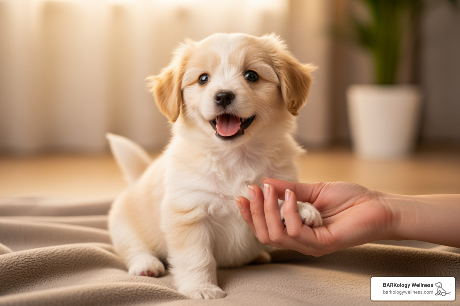 A small fluffy puppy happily getting its paws touched - Puppy first groom A small fluffy puppy happily getting its paws touched - Puppy first groom
