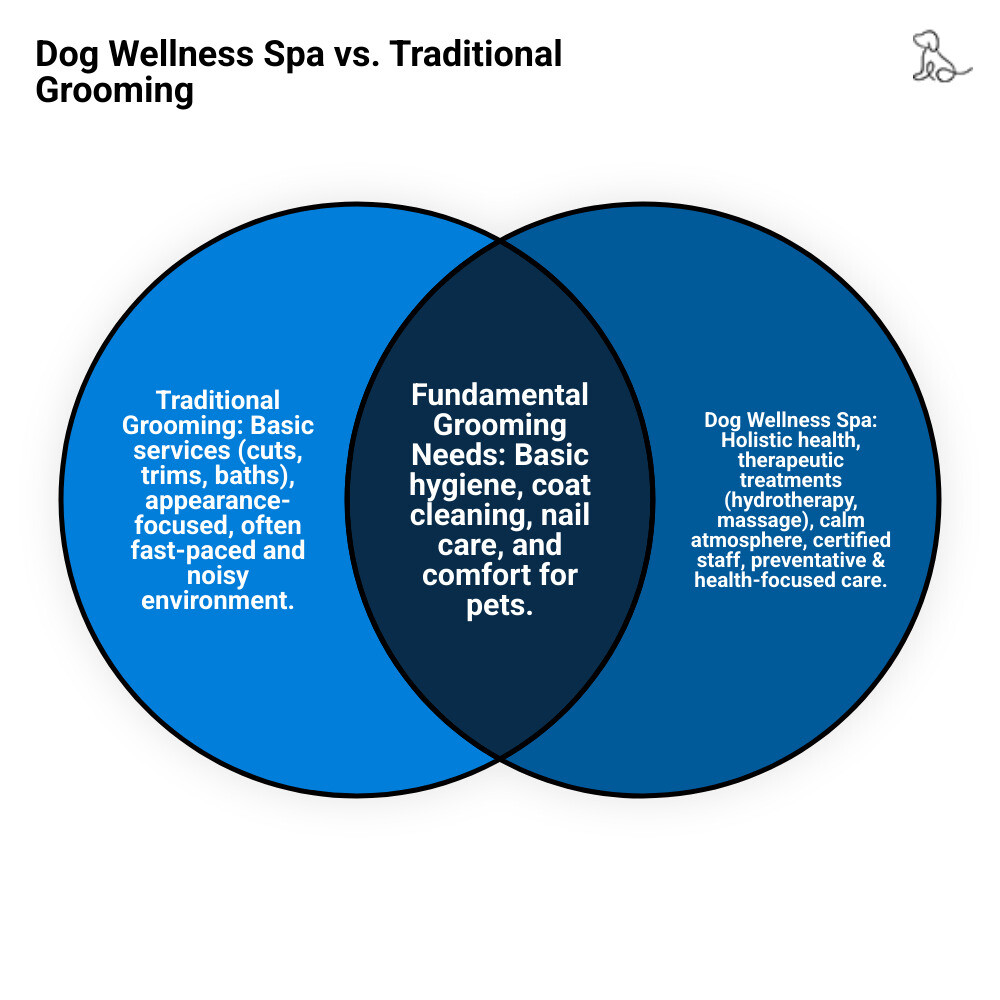 infographic showing comparison between traditional grooming salon and dog wellness spa including services offered, environment differences, staff qualifications, and health benefits - dog wellness spa infographic venn_diagram infographic showing comparison between traditional grooming salon and dog wellness spa including services offered, environment differences, staff qualifications, and health benefits - dog wellness spa infographic venn_diagram