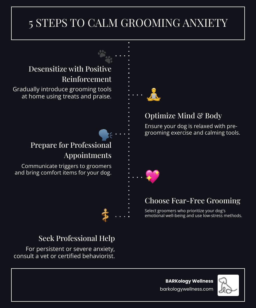 infographic showing 5 steps: Step 1 - Desensitize with positive reinforcement at home; Step 2 - Optimize physical and mental state through exercise and calming tools; Step 3 - Prepare for professional appointments with calm communication; Step 4 - Choose fear-free grooming environments; Step 5 - Seek professional help for severe cases - dog grooming for anxiety infographic infographic-line-5-steps-dark infographic showing 5 steps: Step 1 - Desensitize with positive reinforcement at home; Step 2 - Optimize physical and mental state through exercise and calming tools; Step 3 - Prepare for professional appointments with calm communication; Step 4 - Choose fear-free grooming environments; Step 5 - Seek professional help for severe cases - dog grooming for anxiety infographic infographic-line-5-steps-dark