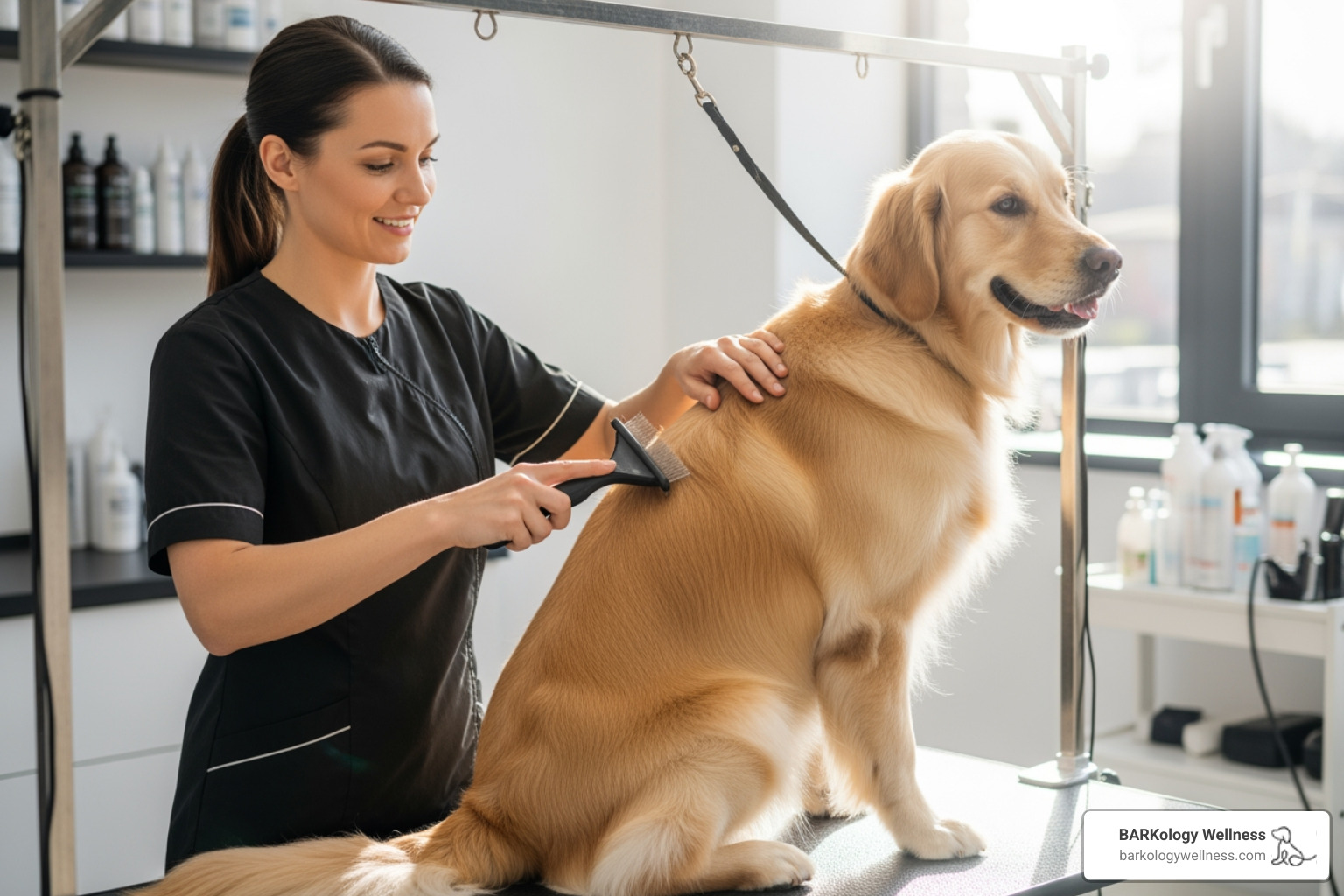 happy dog being gently brushed by groomer - Gentle touch grooming happy dog being gently brushed by groomer - Gentle touch grooming