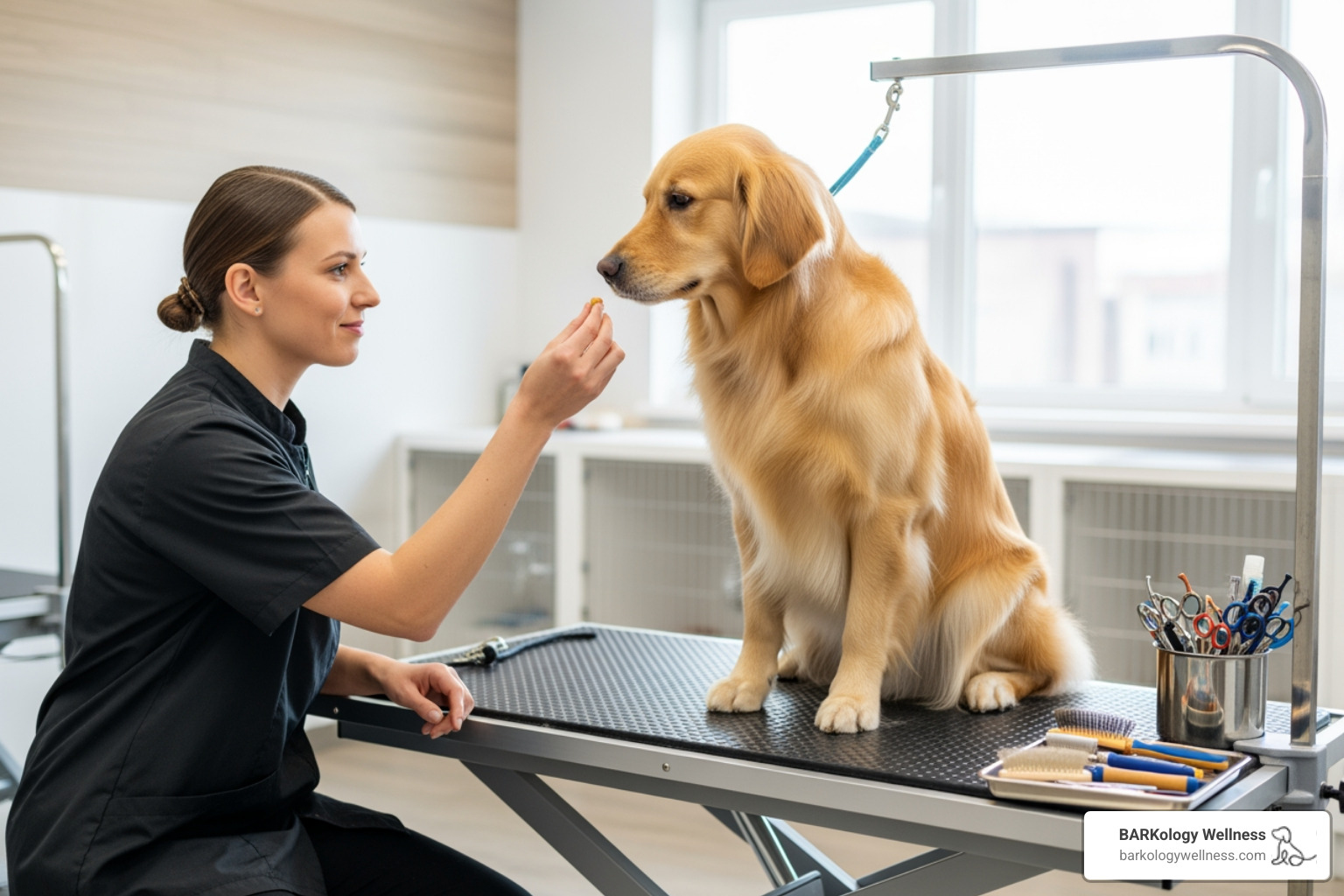 groomer calmly offering a treat to a dog on a grooming table - Gentle touch grooming groomer calmly offering a treat to a dog on a grooming table - Gentle touch grooming