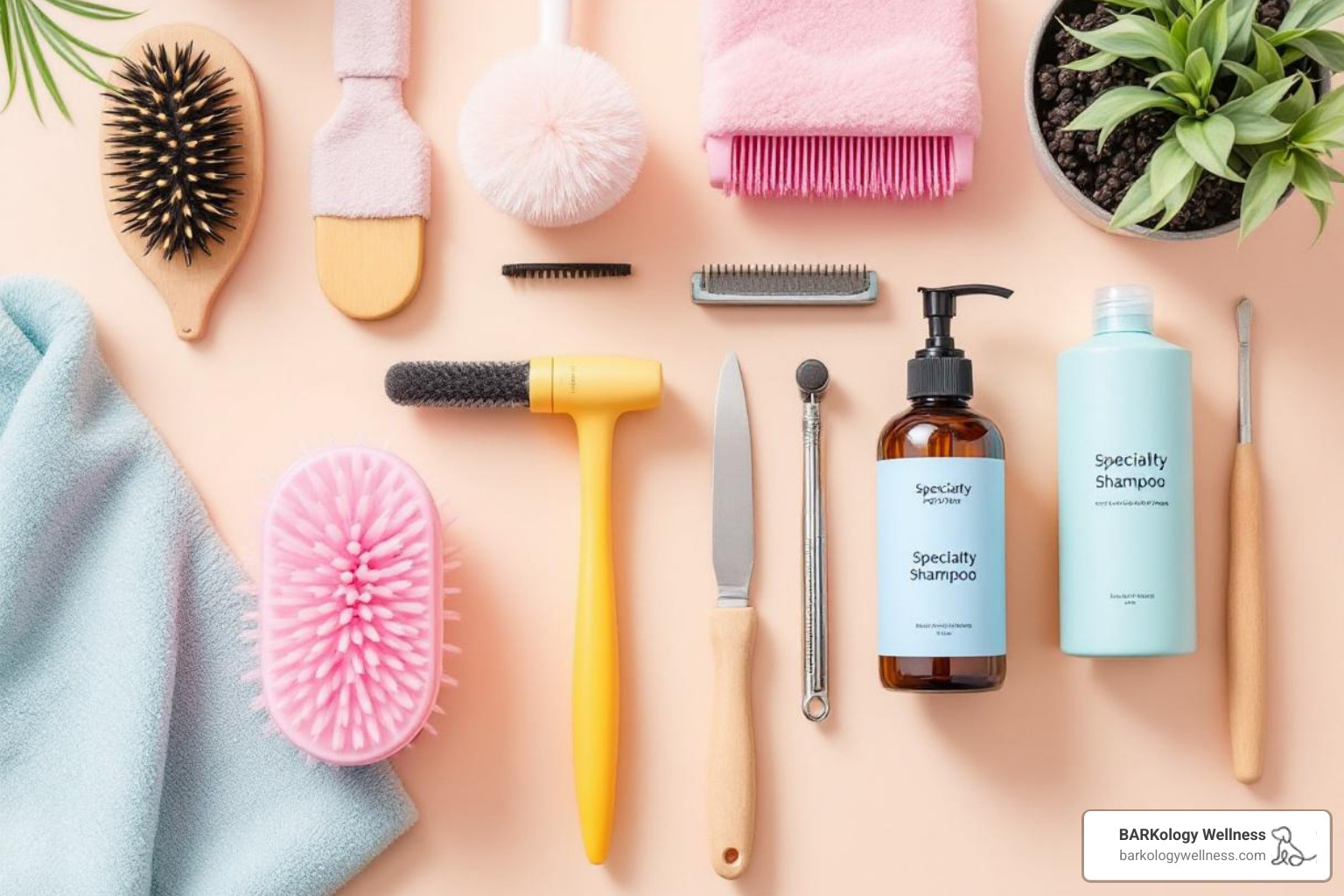 various grooming tools laid out neatly, including soft brushes, a nail grinder, and specialty shampoos - Gentle touch grooming various grooming tools laid out neatly, including soft brushes, a nail grinder, and specialty shampoos - Gentle touch grooming