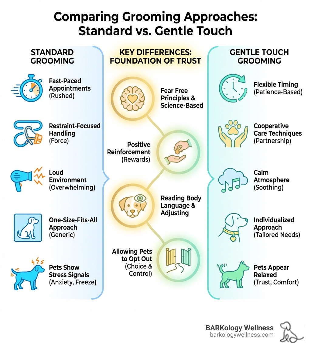 infographic comparing standard grooming versus gentle touch grooming approach - Gentle touch grooming infographic infographic comparing standard grooming versus gentle touch grooming approach - Gentle touch grooming infographic