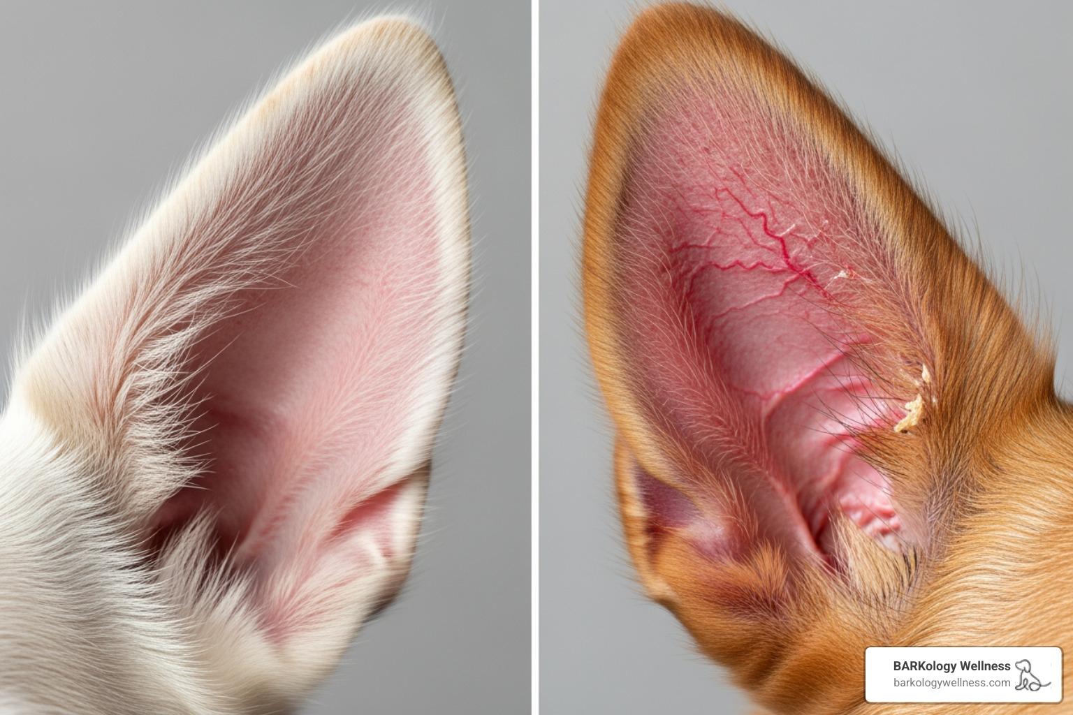 A healthy, pink dog ear contrasted with a red, inflamed ear - dog ear cleaning A healthy, pink dog ear contrasted with a red, inflamed ear - dog ear cleaning