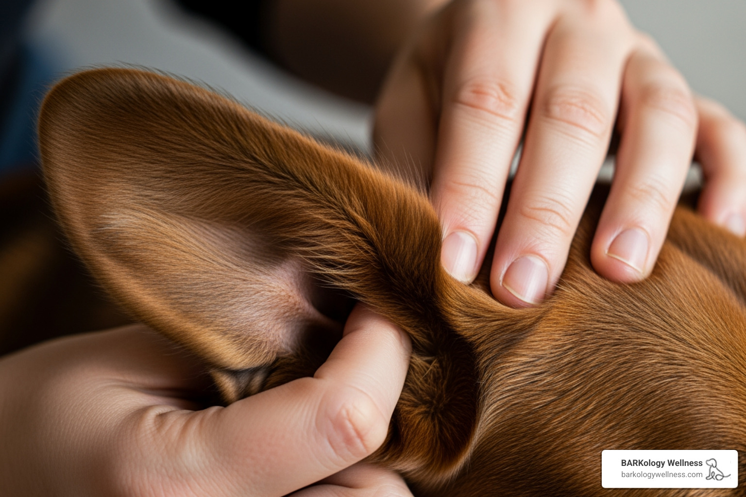 An owner gently massaging the base of their dog's ear - dog ear cleaning An owner gently massaging the base of their dog's ear - dog ear cleaning