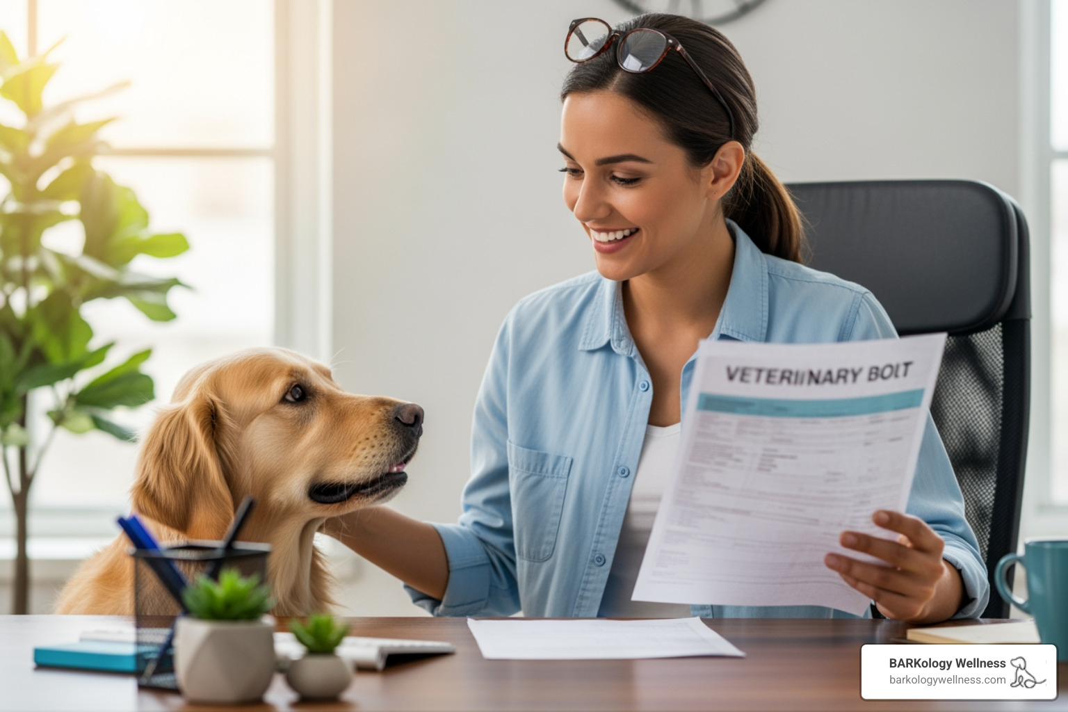 pet owner reviewing vet bill with smile - canine wellness plans