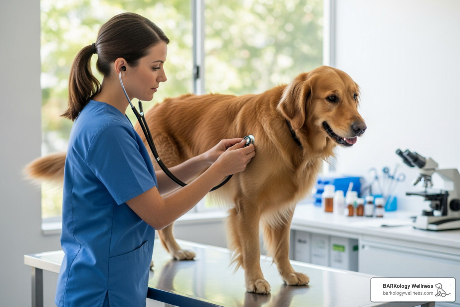 veterinarian listening to dog's heart - canine wellness plans