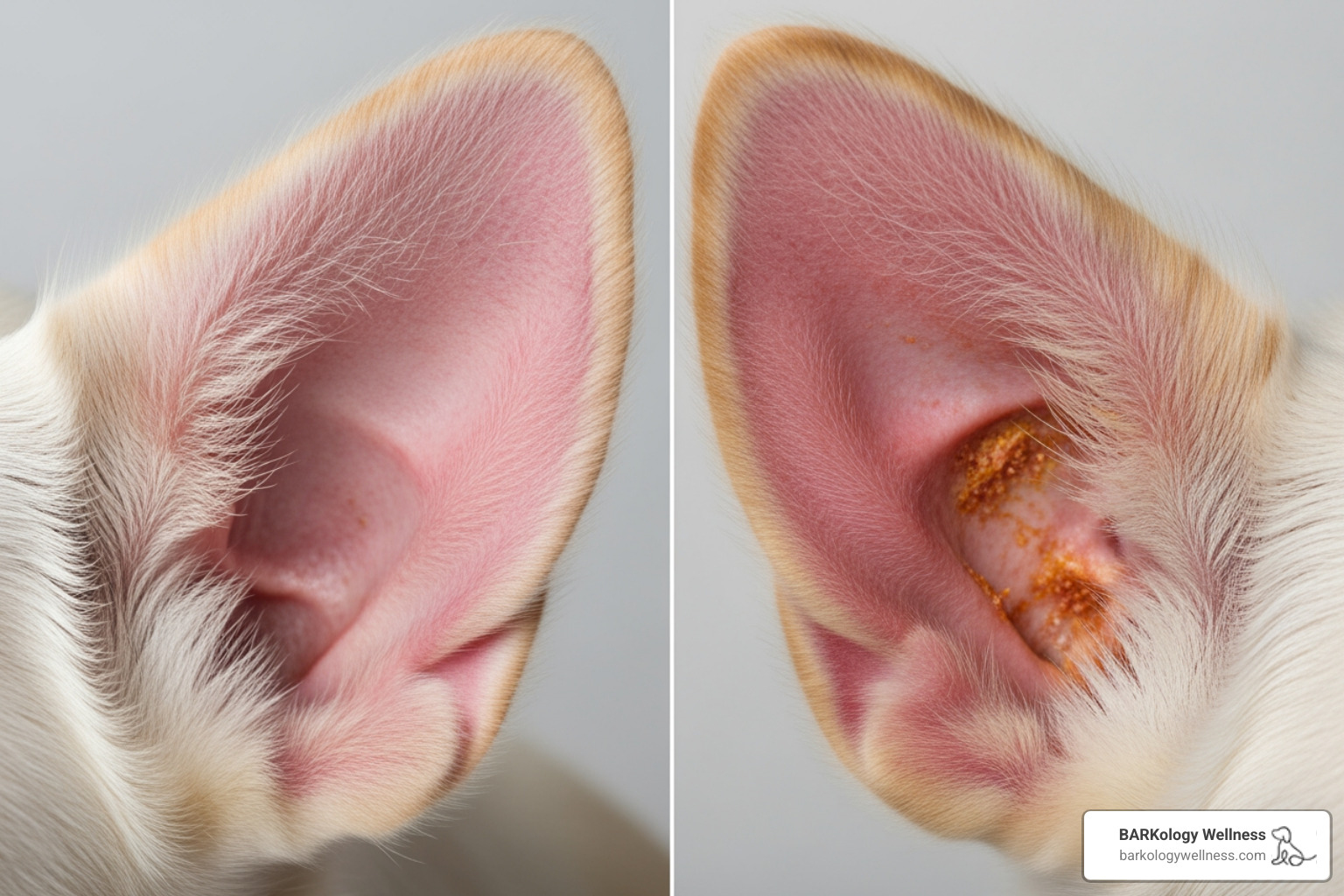 Side-by-side comparison of a healthy pink ear and a red, inflamed ear - Ear cleaning for dogs