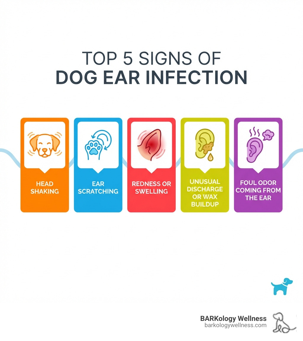 Infographic showing the top 5 signs of a dog ear infection: head shaking, ear scratching, redness or swelling, unusual discharge or wax buildup, and foul odor coming from the ear - Ear cleaning for dogs infographic 