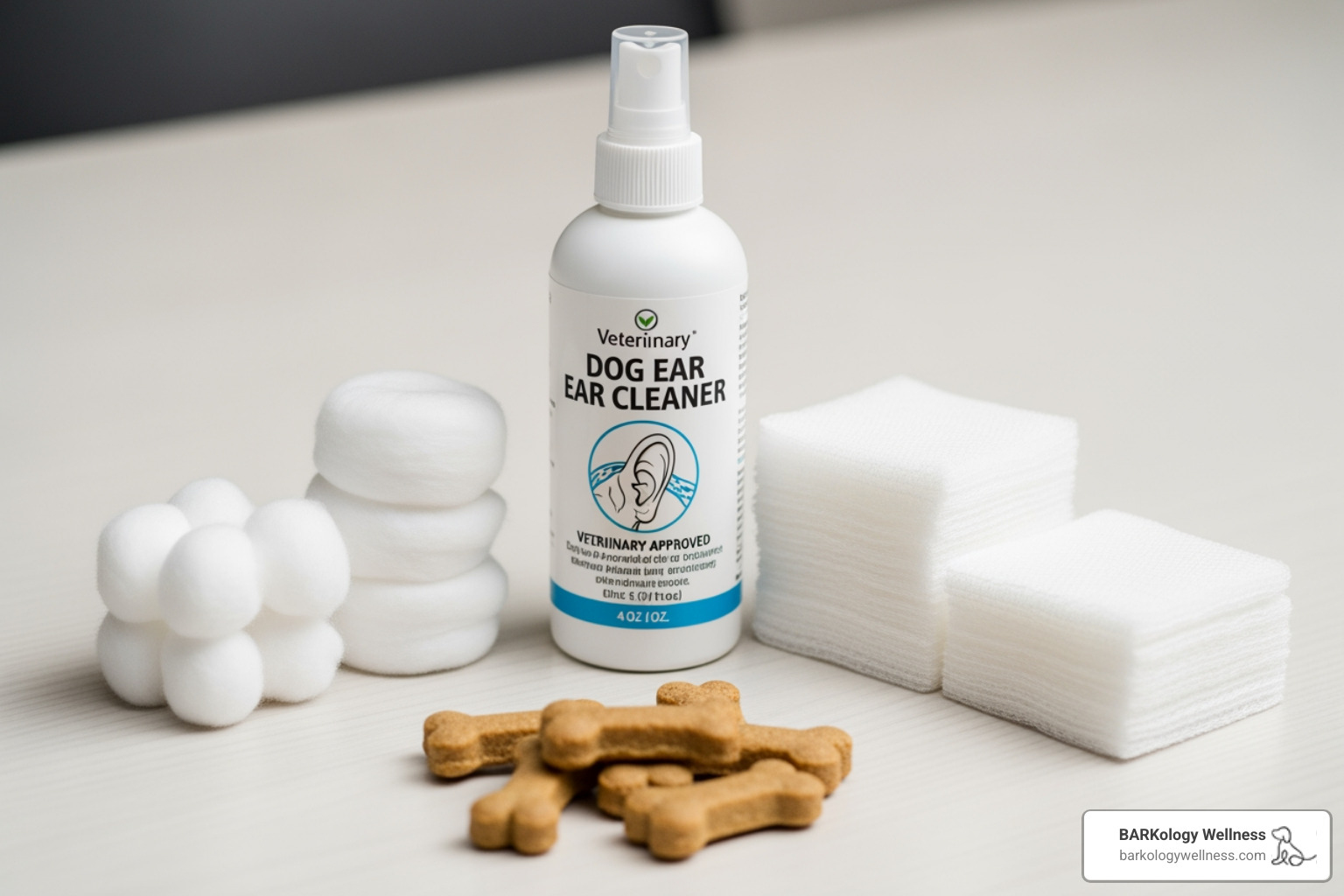 All necessary supplies neatly arranged: vet-approved cleaner, cotton balls, gauze, and treats - Ear cleaning for dogs