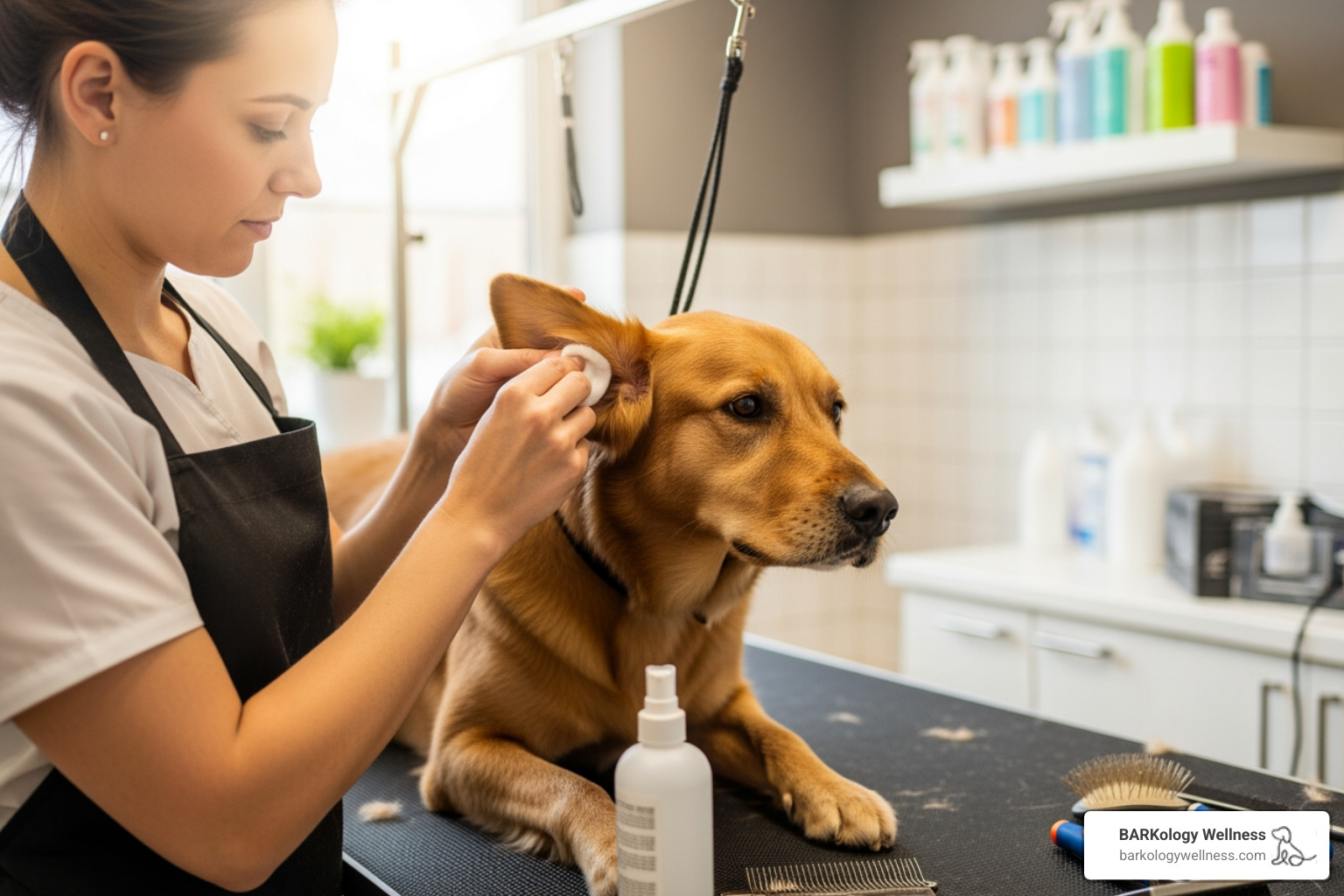 a groomer gently cleaning a dog's ears - dog grooming memberships Tampa a groomer gently cleaning a dog's ears - dog grooming memberships Tampa