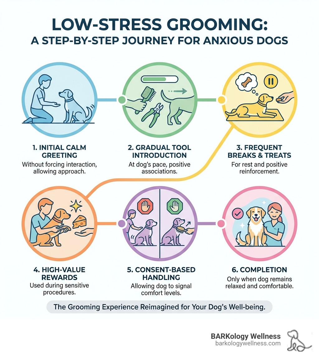 infographic showing the step-by-step process of a low-stress grooming session: 1. Initial calm greeting without forcing interaction, 2. Gradual introduction to grooming tools at dog's pace, 3. Frequent breaks for rest and treats, 4. Use of high-value rewards during sensitive procedures, 5. Consent-based handling allowing dog to signal comfort levels, 6. Completion only when dog remains relaxed - dog groomer for anxious dogs near me infographic infographic showing the step-by-step process of a low-stress grooming session: 1. Initial calm greeting without forcing interaction, 2. Gradual introduction to grooming tools at dog's pace, 3. Frequent breaks for rest and treats, 4. Use of high-value rewards during sensitive procedures, 5. Consent-based handling allowing dog to signal comfort levels, 6. Completion only when dog remains relaxed - dog groomer for anxious dogs near me infographic