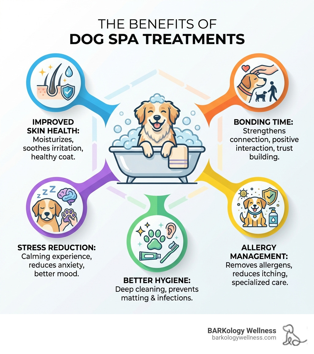 infographic showing benefits of dog spa treatments including improved skin health, stress reduction, better hygiene, allergy management, and bonding time - dog spa treatments infographic infographic showing benefits of dog spa treatments including improved skin health, stress reduction, better hygiene, allergy management, and bonding time - dog spa treatments infographic