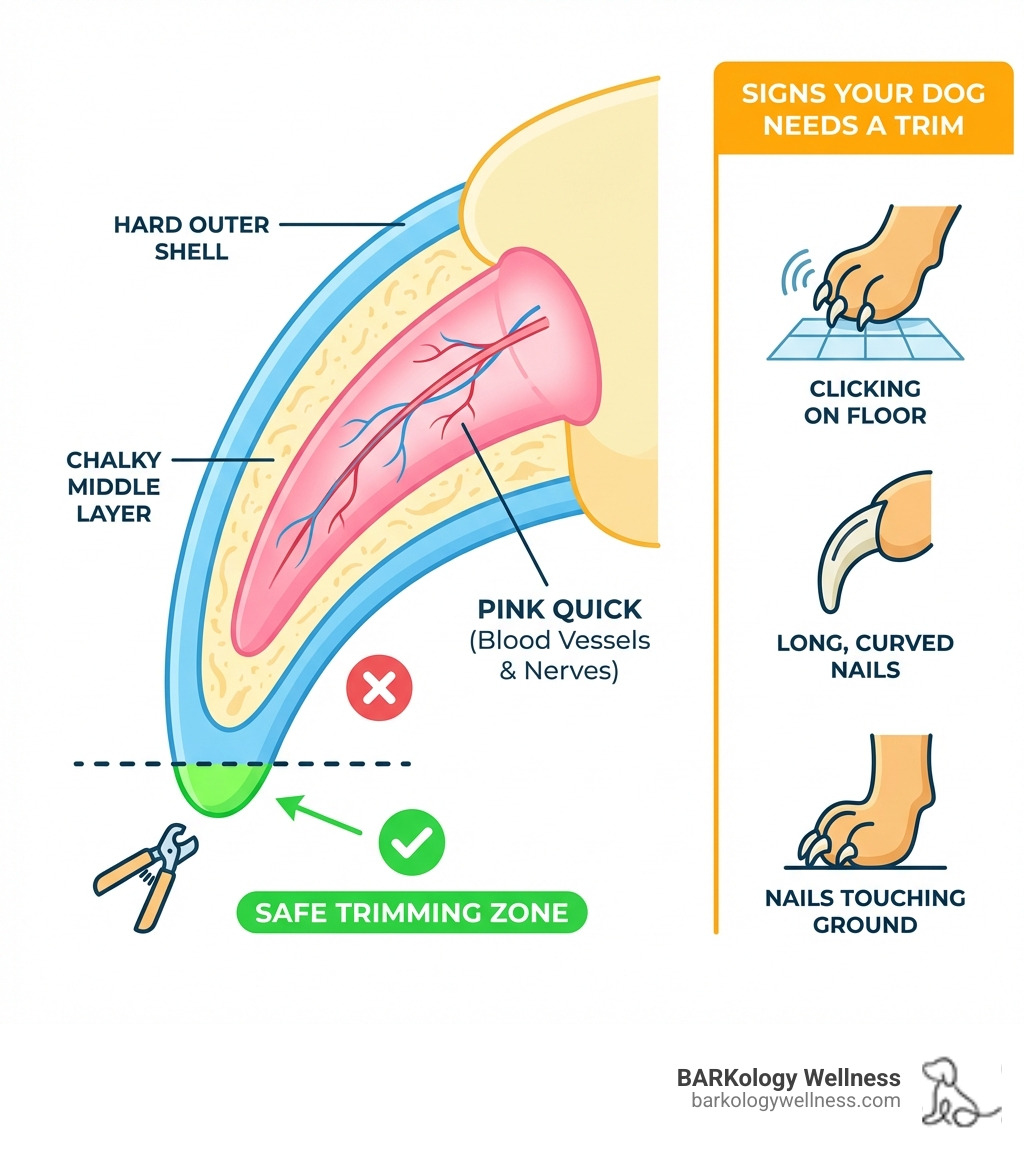 Infographic showing dog nail anatomy including the hard outer shell, chalky middle layer, and pink quick containing blood vessels and nerves, plus visual guide for safe trimming zones and signs your dog needs a trim - stress free nail grooming for your dog infographic Infographic showing dog nail anatomy including the hard outer shell, chalky middle layer, and pink quick containing blood vessels and nerves, plus visual guide for safe trimming zones and signs your dog needs a trim - stress free nail grooming for your dog infographic