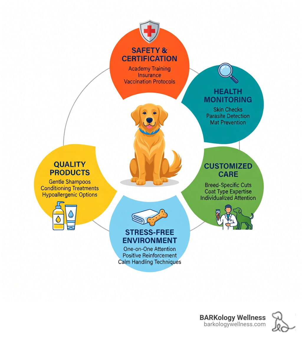 Infographic showing the 5 pillars of professional dog grooming: Safety & Certification (academy training, insurance, vaccination protocols), Health Monitoring (skin checks, parasite detection, mat prevention), Customized Care (breed-specific cuts, coat type expertise, individualized attention), Quality Products (gentle shampoos, conditioning treatments, hypoallergenic options), and Stress-Free Environment (one-on-one attention, positive reinforcement, calm handling techniques) - dog groomer nearby infographic 