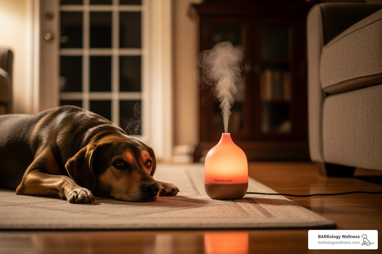 calm dog resting near essential oil diffuser - aromatherapy for dogs calm dog resting near essential oil diffuser - aromatherapy for dogs