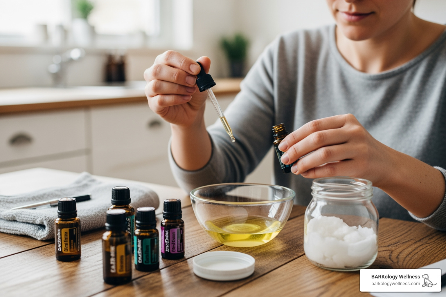 person diluting essential oils with a carrier oil like coconut oil - aromatherapy for dogs person diluting essential oils with a carrier oil like coconut oil - aromatherapy for dogs