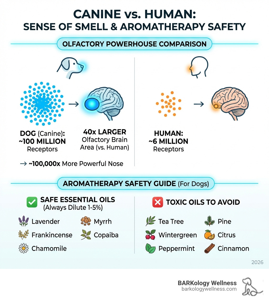 infographic comparing dog sense of smell to humans showing 100 million vs 6 million receptors, 40x larger brain processing area, and safe vs toxic essential oils list - aromatherapy for dogs infographic infographic comparing dog sense of smell to humans showing 100 million vs 6 million receptors, 40x larger brain processing area, and safe vs toxic essential oils list - aromatherapy for dogs infographic