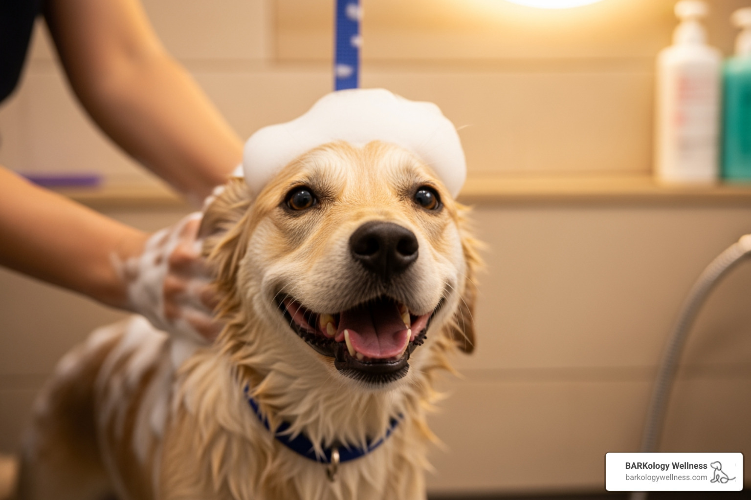 A happy dog receiving a luxurious bath with premium shampoo - dog grooming near Hyde Park
