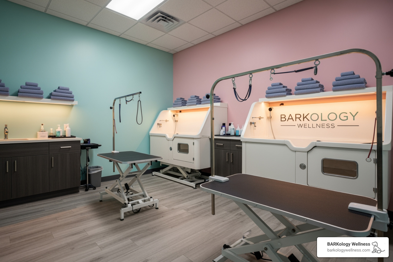 a serene spa room at BARKology Wellness featuring calming colors and modern grooming equipment - dog spa Florida a serene spa room at BARKology Wellness featuring calming colors and modern grooming equipment - dog spa Florida