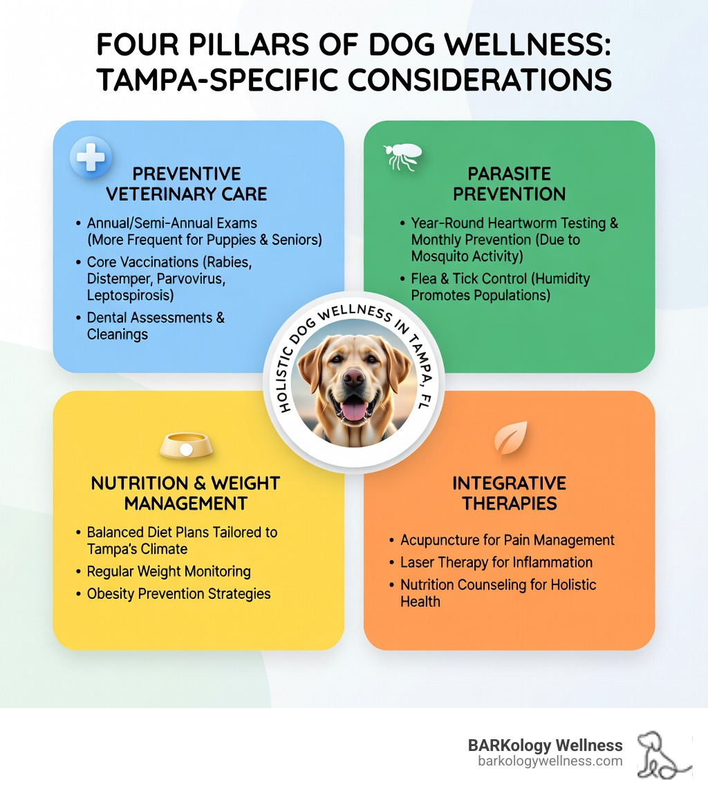 infographic showing four pillars of dog wellness: preventive veterinary care, parasite prevention, nutrition and weight management, and integrative therapies, with Tampa-specific considerations for each pillar - dog wellness Tampa infographic infographic showing four pillars of dog wellness: preventive veterinary care, parasite prevention, nutrition and weight management, and integrative therapies, with Tampa-specific considerations for each pillar - dog wellness Tampa infographic