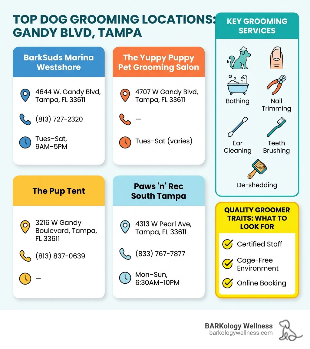 Infographic showing the top dog grooming locations on Gandy Blvd Tampa with their addresses, phone numbers, and hours, alongside a column listing key grooming services like bathing, nail trimming, ear cleaning, teeth brushing, and de-shedding, with a callout box highlighting what to look for in a quality groomer: certified staff, cage-free environment, and online booking - dog grooming gandy blvd tampa infographic Infographic showing the top dog grooming locations on Gandy Blvd Tampa with their addresses, phone numbers, and hours, alongside a column listing key grooming services like bathing, nail trimming, ear cleaning, teeth brushing, and de-shedding, with a callout box highlighting what to look for in a quality groomer: certified staff, cage-free environment, and online booking - dog grooming gandy blvd tampa infographic