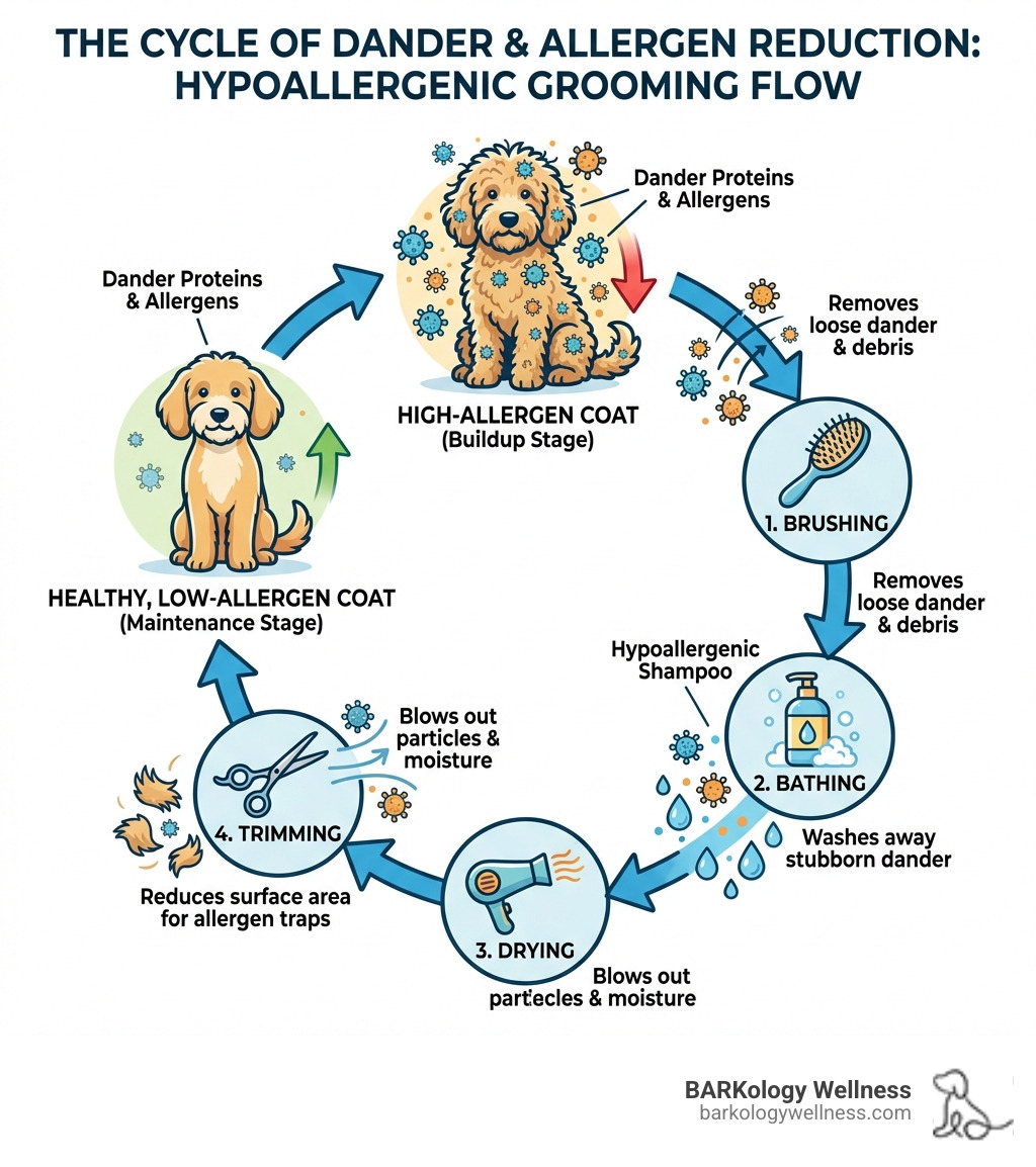 Infographic showing the cycle of dander and allergen buildup in a dog's coat and how each grooming step, brushing, bathing with hypoallergenic shampoo, drying, and trimming, progressively reduces allergens, with icons and arrows showing dander proteins being removed at each stage, resulting in a healthy, low-allergen coat - hypoallergenic dog grooming infographic Infographic showing the cycle of dander and allergen buildup in a dog's coat and how each grooming step, brushing, bathing with hypoallergenic shampoo, drying, and trimming, progressively reduces allergens, with icons and arrows showing dander proteins being removed at each stage, resulting in a healthy, low-allergen coat - hypoallergenic dog grooming infographic