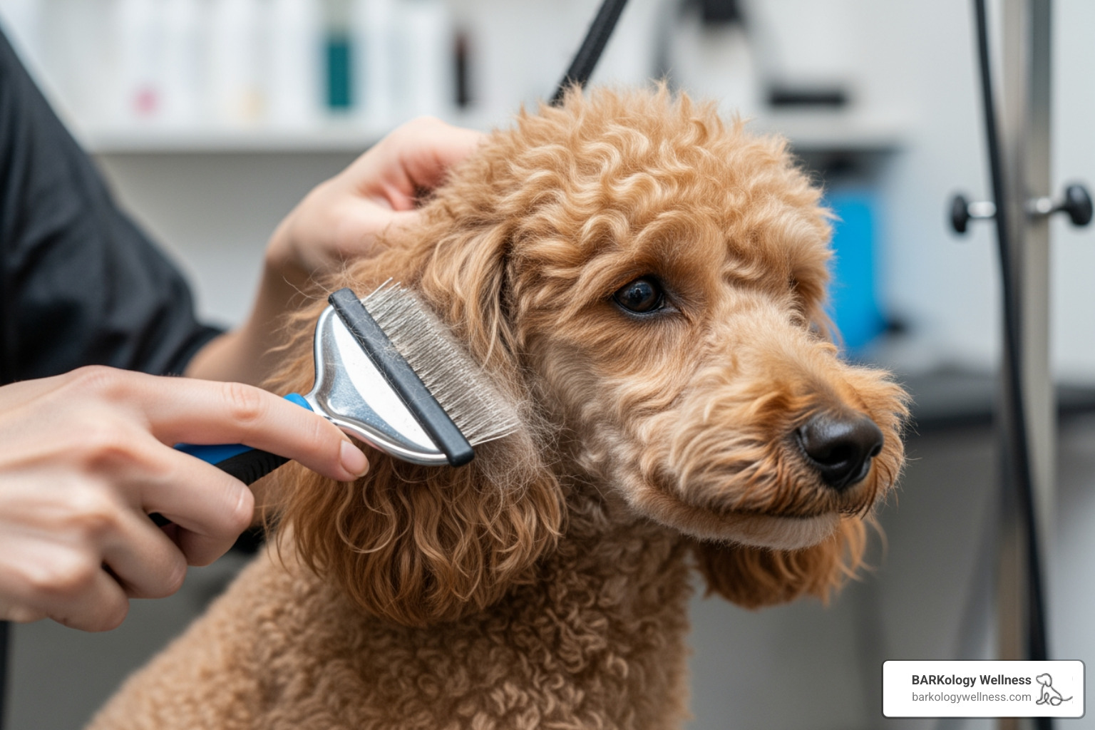 A curly-coated dog being gently brushed with a professional slicker brush to remove trapped dander - hypoallergenic dog grooming A curly-coated dog being gently brushed with a professional slicker brush to remove trapped dander - hypoallergenic dog grooming