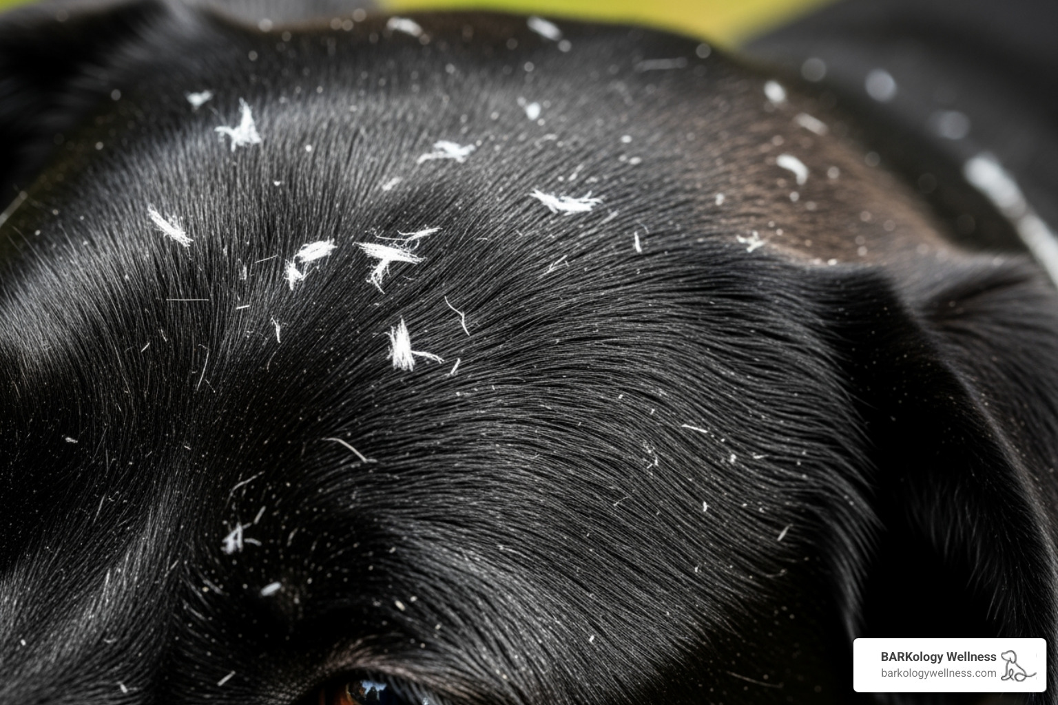 Close-up of white dandruff flakes on a dog's dark fur - my dogs coat is dry and flaky Close-up of white dandruff flakes on a dog's dark fur - my dogs coat is dry and flaky