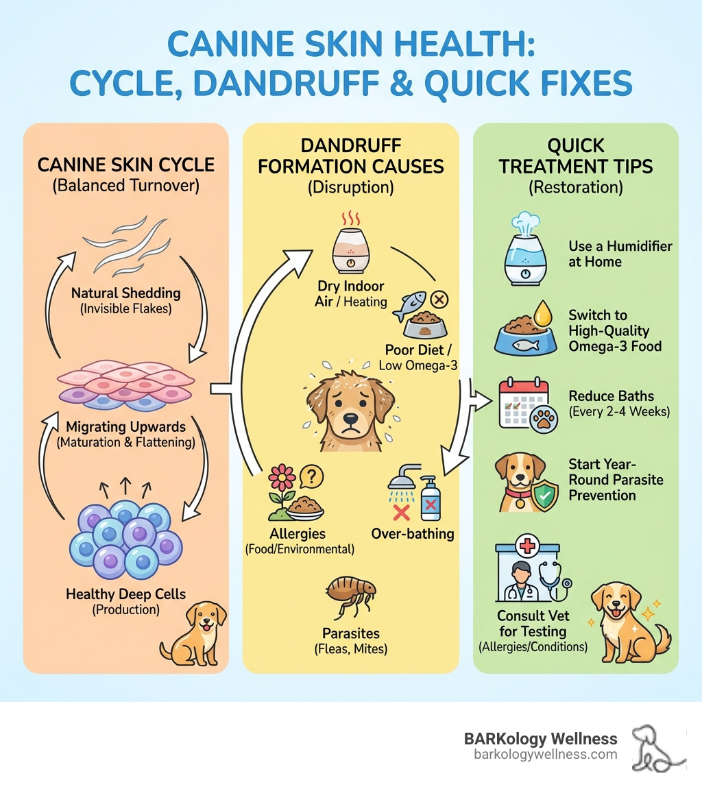 Infographic showing the canine skin cycle, dandruff formation causes, and quick treatment tips - my dogs coat is dry and Infographic showing the canine skin cycle, dandruff formation causes, and quick treatment tips - my dogs coat is dry and