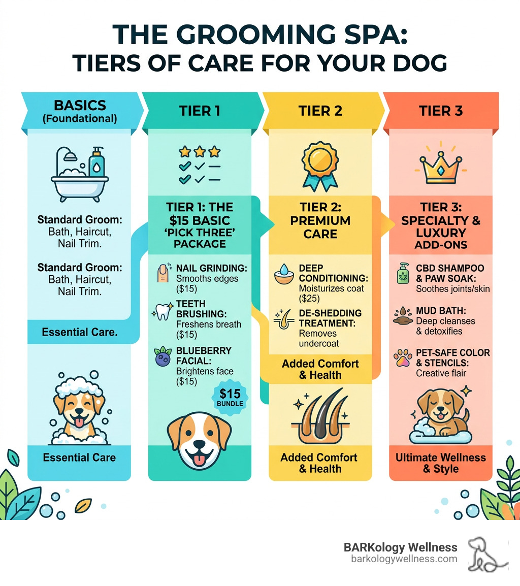 Infographic showing layers of a professional dog groom from basic bath to luxury add-ons - grooming add-ons for dogs Infographic showing layers of a professional dog groom from basic bath to luxury add-ons - grooming add-ons for dogs