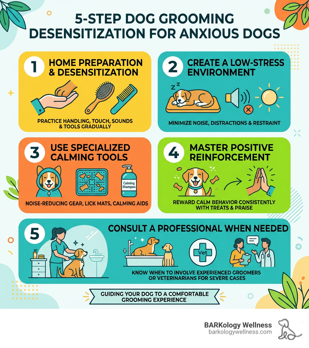 5-step infographic: desensitizing anxious dogs to grooming from home prep to professional care - dog grooming for anxious 5-step infographic: desensitizing anxious dogs to grooming from home prep to professional care - dog grooming for anxious