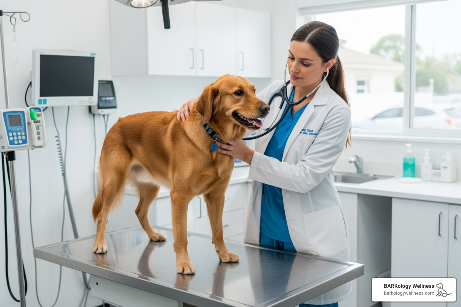 A veterinarian performing a comprehensive nose-to-tail exam on a calm dog - dog wellness services A veterinarian performing a comprehensive nose-to-tail exam on a calm dog - dog wellness services
