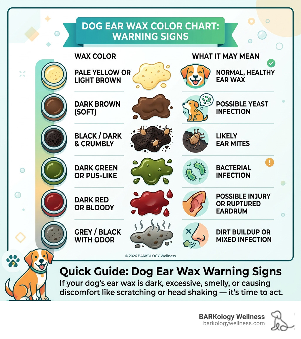 Dog ear wax color chart showing shades from healthy pale yellow to problematic dark brown, black, and red - bad ear wax in Dog ear wax color chart showing shades from healthy pale yellow to problematic dark brown, black, and red - bad ear wax in