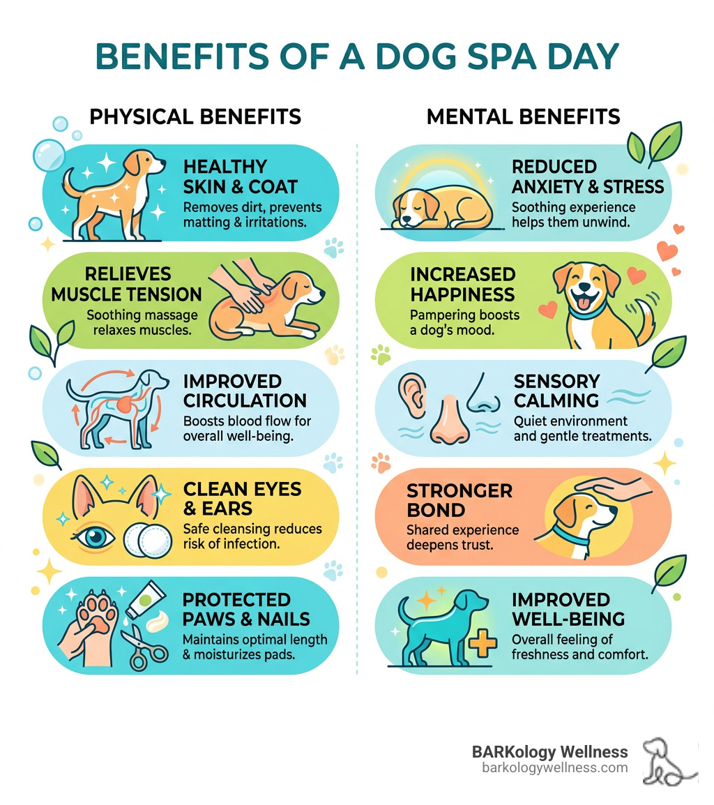 Infographic showing the physical and mental benefits of a dog spa day - spa day for dogs infographic Infographic showing the physical and mental benefits of a dog spa day - spa day for dogs infographic