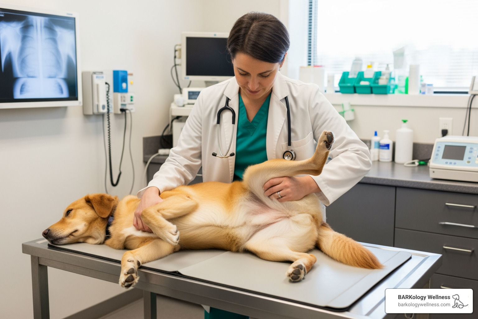 Veterinary specialist examining a dog's joints to assess range of motion - physical therapy for dogs Veterinary specialist examining a dog's joints to assess range of motion - physical therapy for dogs